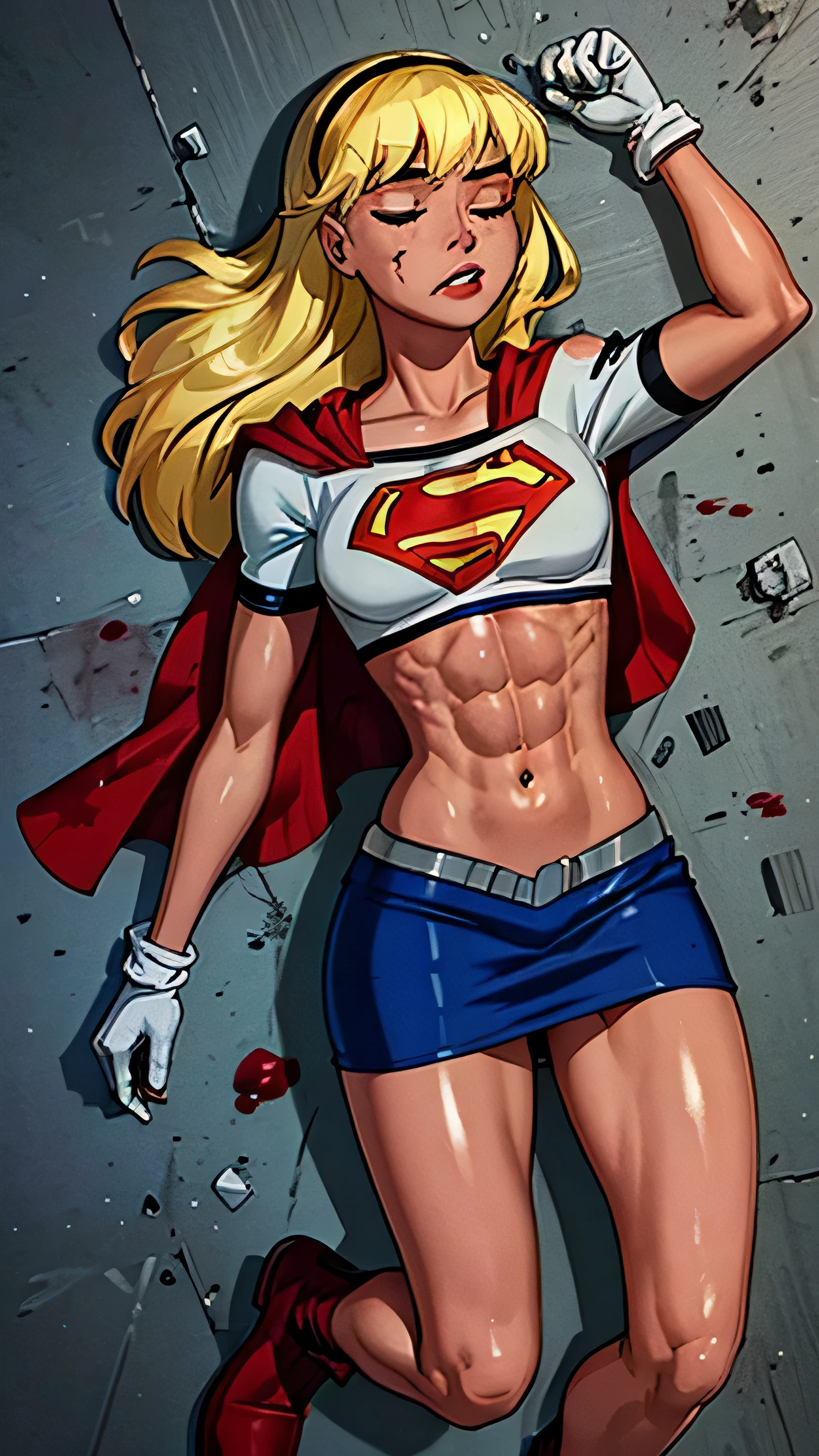 (cowboy shot), SFW, (work-premium), (Best quality: 1.0), (ultra-high resolution: 1. 0), detailed eyes, eyes closed, QUEBRAR Supergirl, 1 girl, Long blonde hair, Not with, Flying Headband, short top, short sleeves, cape, blue pencil skirt, white gloves, QUEBRAR red Boots (clouds, ruined city, apocalyptic post-sight) in exotic and sensual pose, six pack, abs, (((blood on the abdomen))), ((((Bruises on the abdomen))), ((full body)), (lying down, knocked out, lying on the floor)