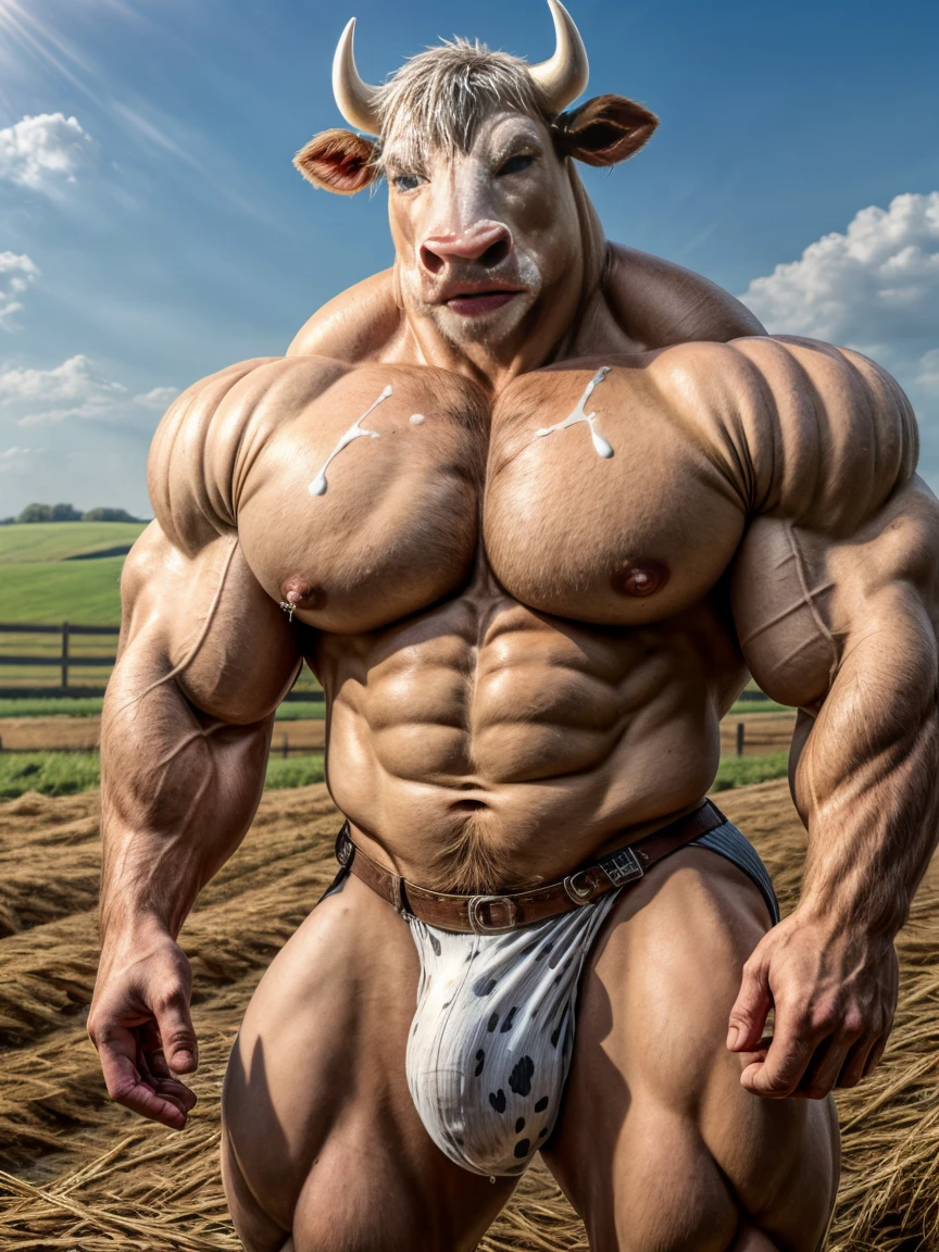 Cow man, exaggeratedly muscular, breasts full of milk, muscular thighs, malicious expression, white fur with black spots, flushed cheeks, blue eyes, farm, nicebulge.