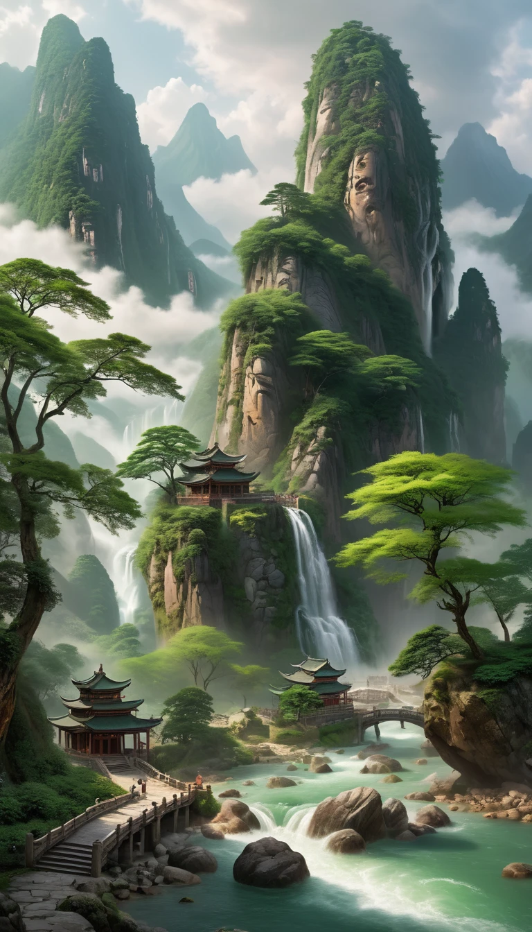 A magnificent ancient landscape,Layers of mountains,The mountains tower into the clouds like a giant dragon winding around,The clouds are misty,Mountainside waterfall,The steep cliffs cascade down，Splashing water,Under the waterfall,Gathered into a clear pool,The water is as green as jade,Reflecting the surrounding green hills and trees,Walking along the mountain stream，Ancient trees towering on both sides,Winding mountain path,The stone stairs wind up,Close-up of the picture，It is a rocky river beach.，The boulders have various shapes，