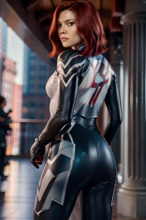 1girl, Full body shot, Natasha Romanoff style of the Black Widow (from marvel studios) costume, smile, look at viewer, back vie, (random angles), (masterpiece, best quality, detailed skin texture, detailed cloth texture, beautiful detailed face, intricate details, ultra detailed), Short red hair, (Best quality, A high resolution, Photorealistic, primitive, 8K,Masterpiece, ),Best quality, Masterpiec8K.hdr. High ribs:1.2, filmgrain, Blur bokeh:1.2, Lens flare, (vivd colour:1.2), (Delicate),