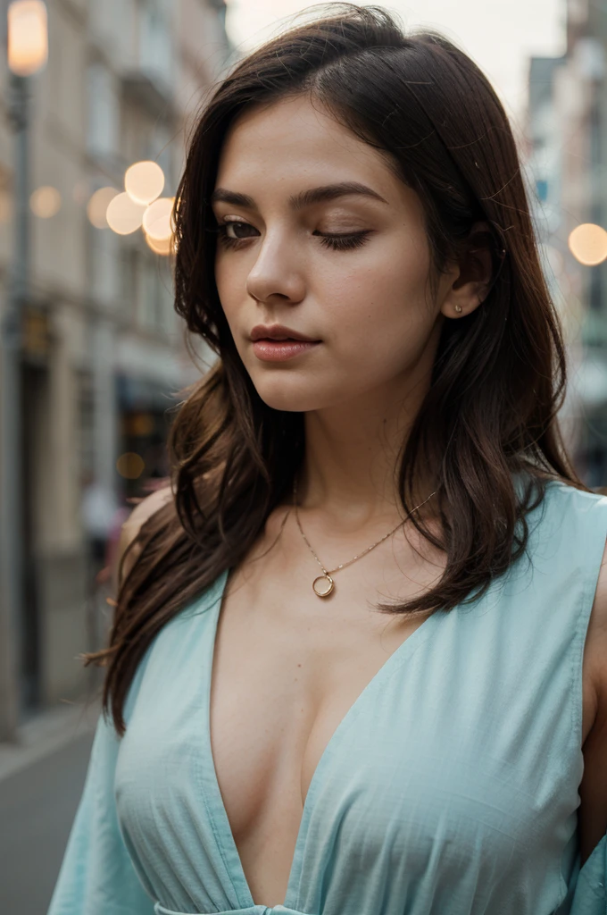 1girl in, age 25, Square face, Long hair, Looking at Viewer, jewelry, Realistic, A sexy, Maxi dress outfits, multicolored outfits, Bokeh lights background, sleep pose