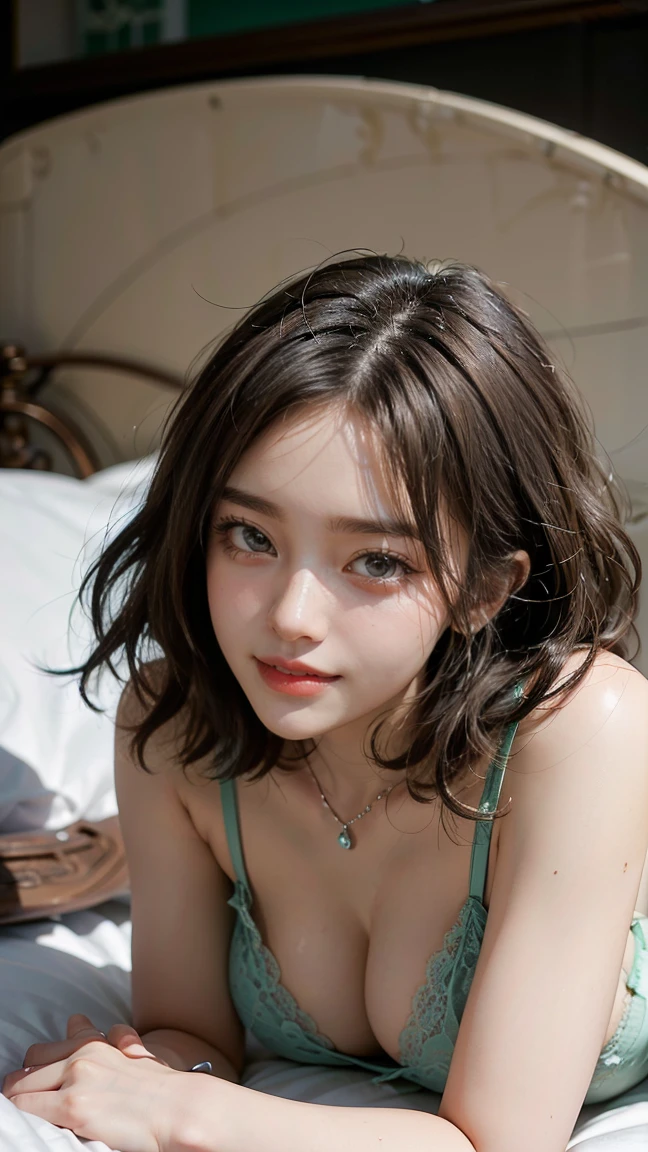 (Masterpiece, BestQuality:1.3), (ultra detailed:1.2), (hyperrealistic:1.3), (RAW photo:1.2),High detail RAW color photo, professional photograph, (Photorealistic:1.4), (realistic:1.4), ,professional lighting, (japanese), beautiful face, (realistic face), cute woman, (Big Tits:1.5), (cheerful Smile:1.35), Trending Hair&Trending Hairカラーをランダムに, earrings, necklace, bracelet, sexly,  sexly, Random sexy gravure poses, (A beautiful brunette woman in light green lace  is smiling sexily in bed。Her hair is short and wavy.、Lying down。:1.3)