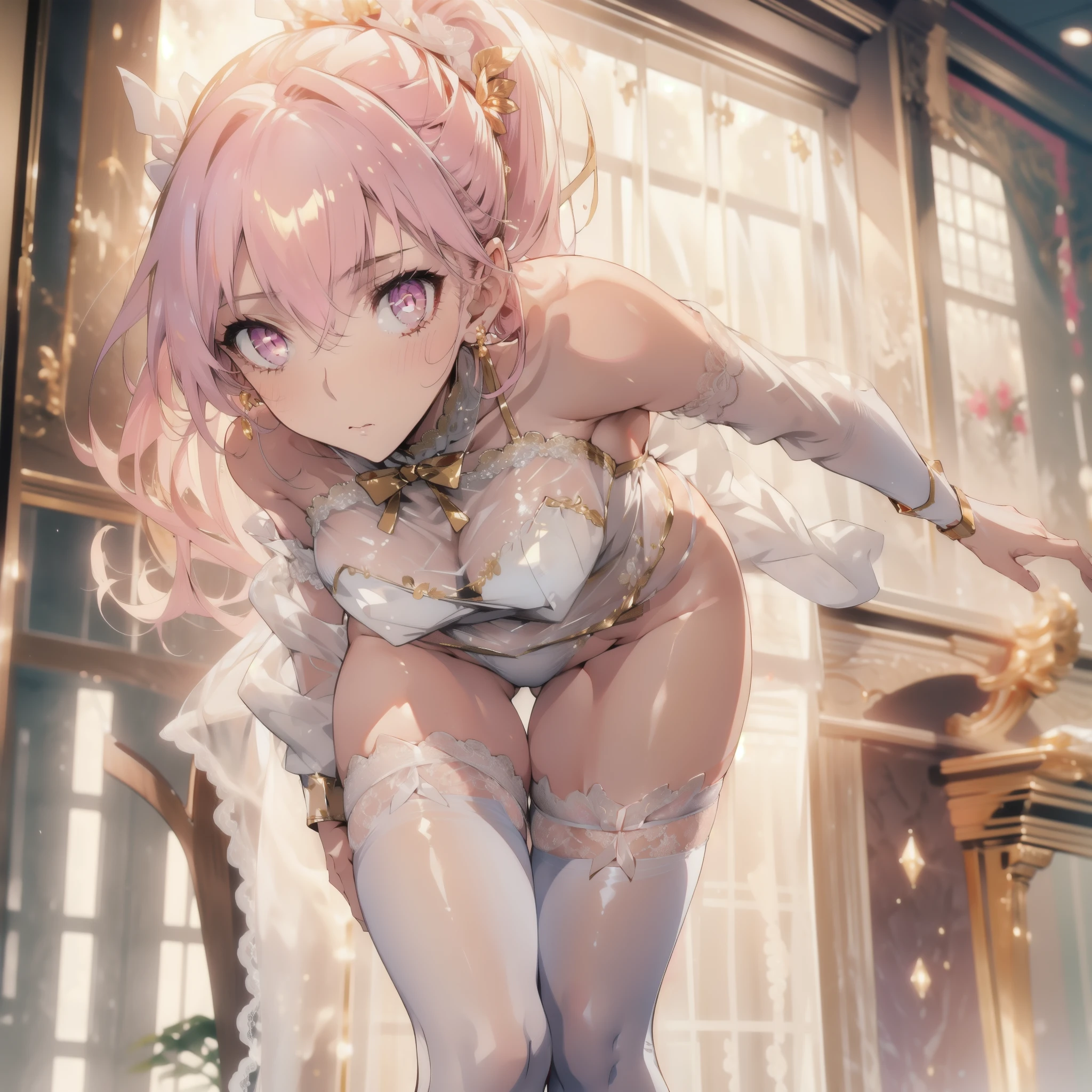 ((masterpiece, best quality)), Delicate face，Beautiful  girl，gold，whole body，Long legs，Large ，Gradient double ponytail，Perfect body proportions，Nice pink eyes，Extremely beautiful，， Pure white background，_，sexly_比基尼，Lace，Garter stockings