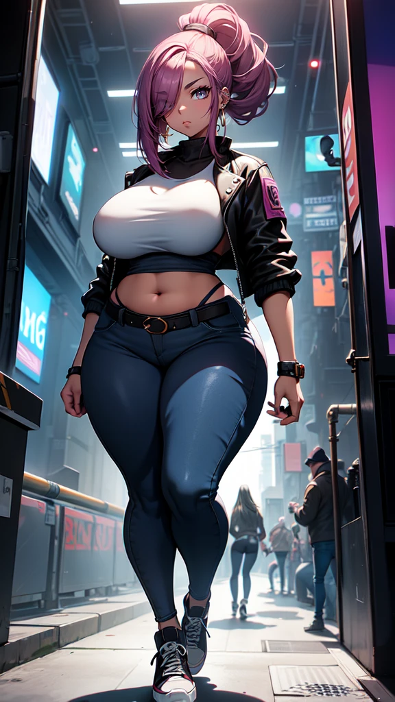 (blank background), (((full body framing))), standing, (masterpiece), (best quality), huge girl, (muscular girl:0.8), (thin hair:1.7), (long blue jeans), massive breast, hair over one eye:1.4, sport bra, (fuchsia hair), belt under navel, sneakers, ((long legs:1.6)), rock band shirt, cute:1.8, adorable:1.8, leather jacket, cyberpunk girl, ear piercings, earrings, tatoo, (very curvy:1.3), 1girl, solo, (curvy:1.4)