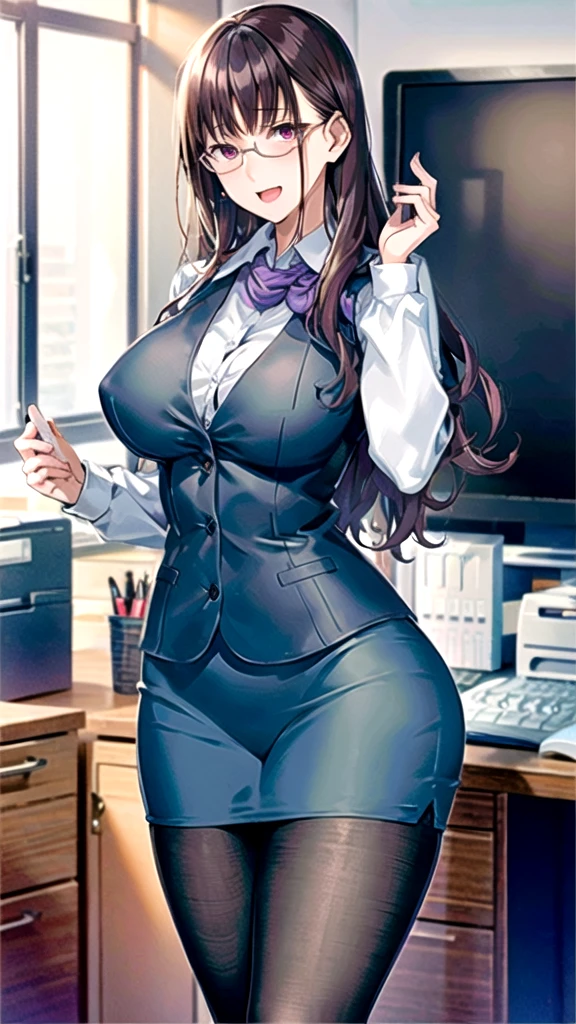 (masterpiece, best quality, high resolution), 1girl, solo,
GoodJob, Murasaki Office Lady, 1girl, solo, glasses, open mouth, button gap, blush, looking at viewer, , smile, pencil skirt, adjusting eyewear, , thighs, 
