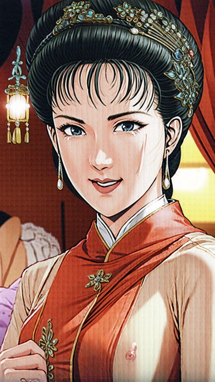 (best quality), (very aesthetic), (ultra-detailed), (best illustration),(a mature female),(perfect face),Suikoden,Mrs. Lin,(((NSFW))),((full_body)),((full_Nude)),(crying),red cheek,sweating,skinny,flushed skin,(hairly),(resting the back of her head on a pillow),(She is lying on her back completely naked),traditional Chinese bedroom,Legs spread,She spreads her pussy wide with her fingers