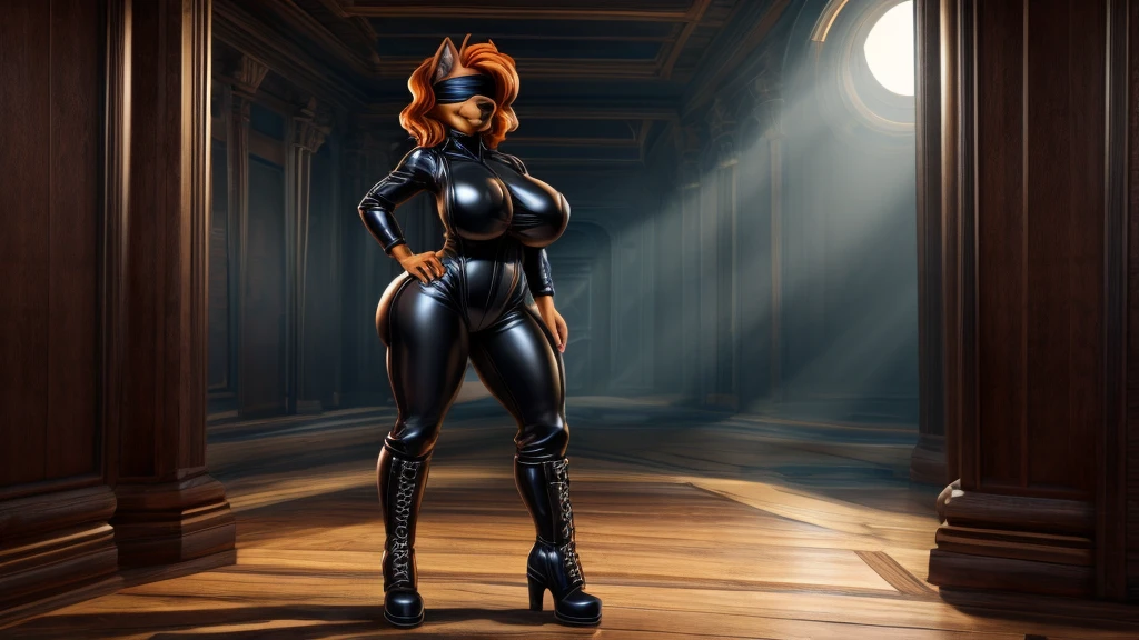 Skye from Paw Patrol, female cockapoo, anthro, mature adult, mommy, tall, big breasts, big butt, orange hair, blindfold, black leather bodysuit, leather boots, standing, detailed, solo, beautiful, high quality, 4K