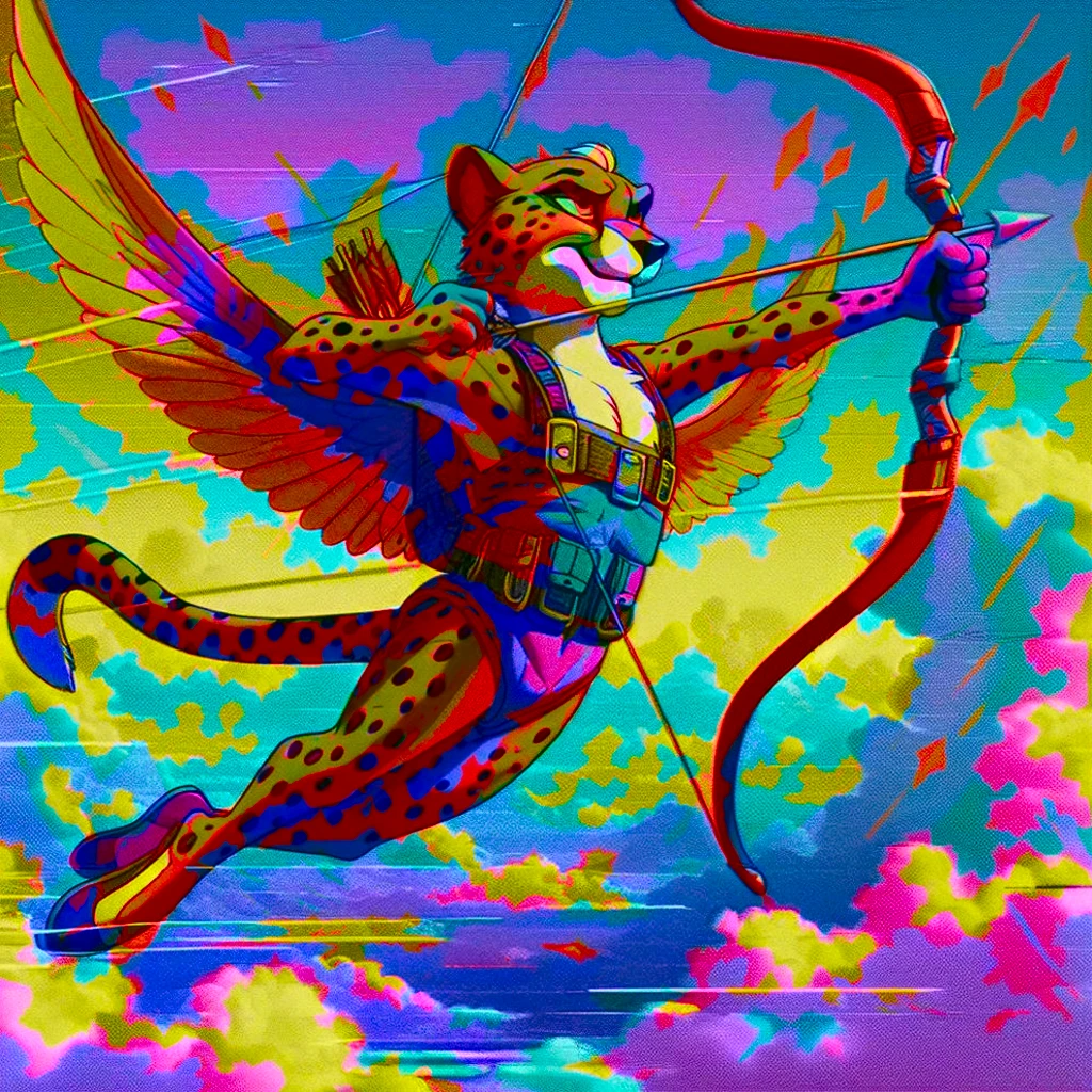 Cheetah wearing wingsuit (hunter, the cheetah from Spyro videogame) VHS, glitch, distorted, nostalgia, 90's retro vibes, og tape, vcr aesthetics, tv, television, 1990's cartoon homage), comic 1990's, animated tv show screengrab, Cheetah dancing stanky boogie, soaring in the clouds, firing arrow from bow, cinematic poster, image within image, multiple exposure, massive scale, rich color grading for shading depth, hand drawn rotoscope cartoon realism, chiaroscuro lighting, mixed media, vintage comic, retro original design, 1990's comic, sense of movement energy, Hunter from the Spyro series is a tall anthropomorphic cheetah. He has a bright orange color with brown spots all over his coat. His underbelly and goatee are bright yellow, and his paws are a lighter orange. He has somewhat prominent brown eyebrows and bright blue eyes.