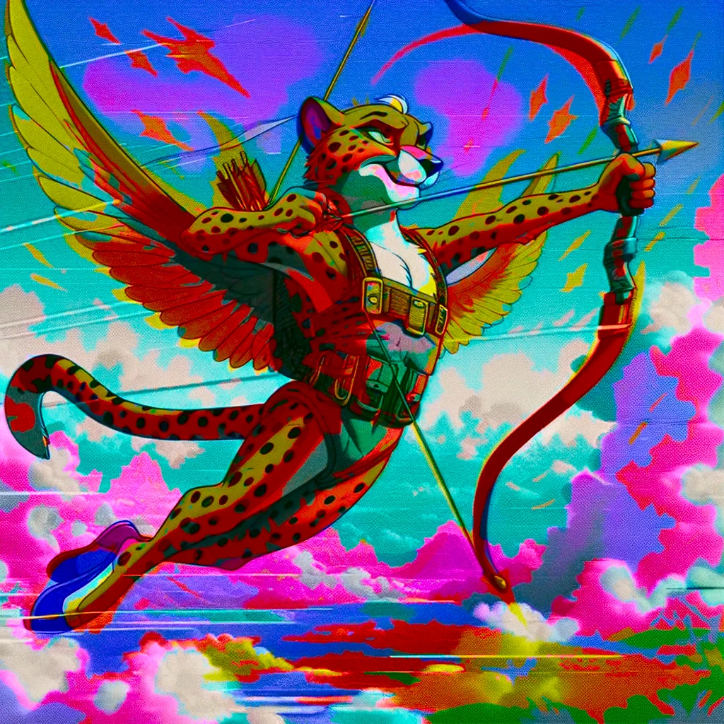 Cheetah wearing wingsuit (hunter, the cheetah from Spyro videogame) VHS, glitch, distorted, nostalgia, 90's retro vibes, analog tape, vcr aesthetics, tv, television, 1990's cartoon homage), comic 1990's, animated tv show screengrab, Cheetah dancing stanky boogie, soaring in the clouds, firing arrow from bow, cinematic poster, image within image, multiple exposure, massive scale, rich color grading for shading depth, hand drawn rotoscope cartoon realism, chiaroscuro lighting, mixed media, vintage comic, retro original design, 1990's comic, sense of movement energy, Hunter from the Spyro series is a tall anthropomorphic cheetah. He has a bright orange color with brown spots all over his coat. His underbelly and goatee are bright yellow, and his paws are a lighter orange. He has somewhat prominent brown eyebrows and bright blue eyes.