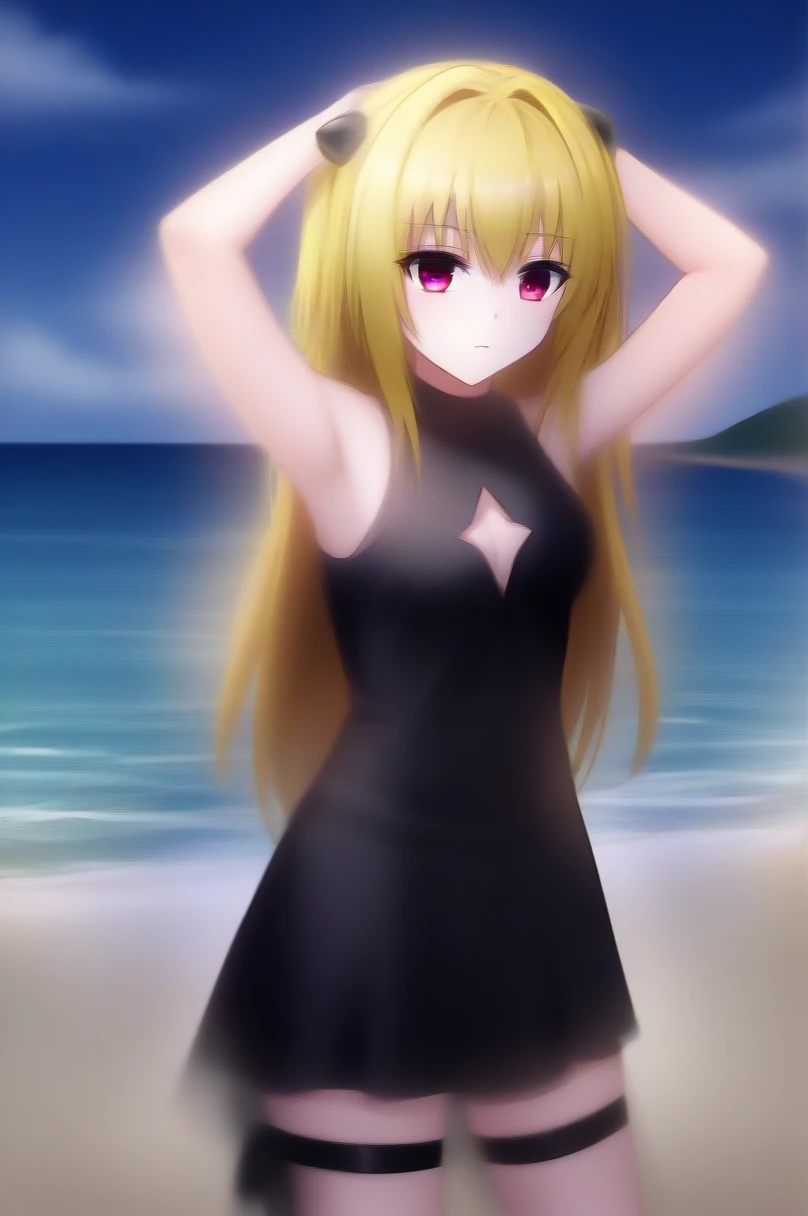 Konjiki no Yami, high quality, solo, 1girl, night sky, beach, arms behind head, (contrapposto), closed mouth, spread armpits, (cowboy shot:1.5), looking at viewer, expressionless, best quality, bare shoulders, black dress, clothing cutout, sleeveless, belt, thigh strap,