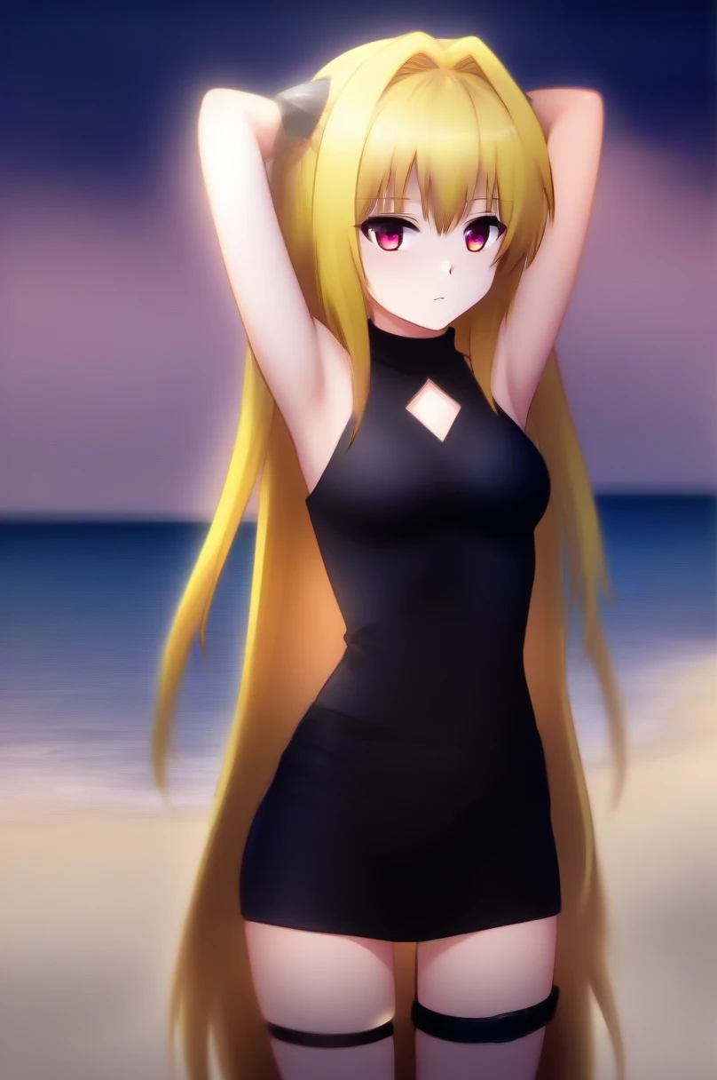 Konjiki no Yami, high quality, solo, 1girl, night sky, beach, arms behind head, (contrapposto), closed mouth, spread armpits, (cowboy shot:1.5), looking at viewer, expressionless, best quality, bare shoulders, black dress, clothing cutout, sleeveless, belt, thigh strap,