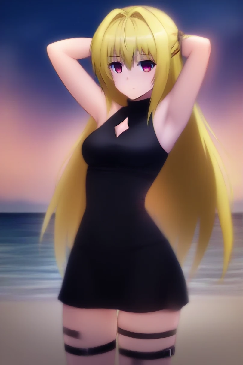 Konjiki no Yami, high quality, solo, 1girl, night sky, beach, arms behind head, (contrapposto), closed mouth, spread armpits, (cowboy shot:1.5), looking at viewer, expressionless, best quality, bare shoulders, black dress, clothing cutout, sleeveless, belt, thigh strap,