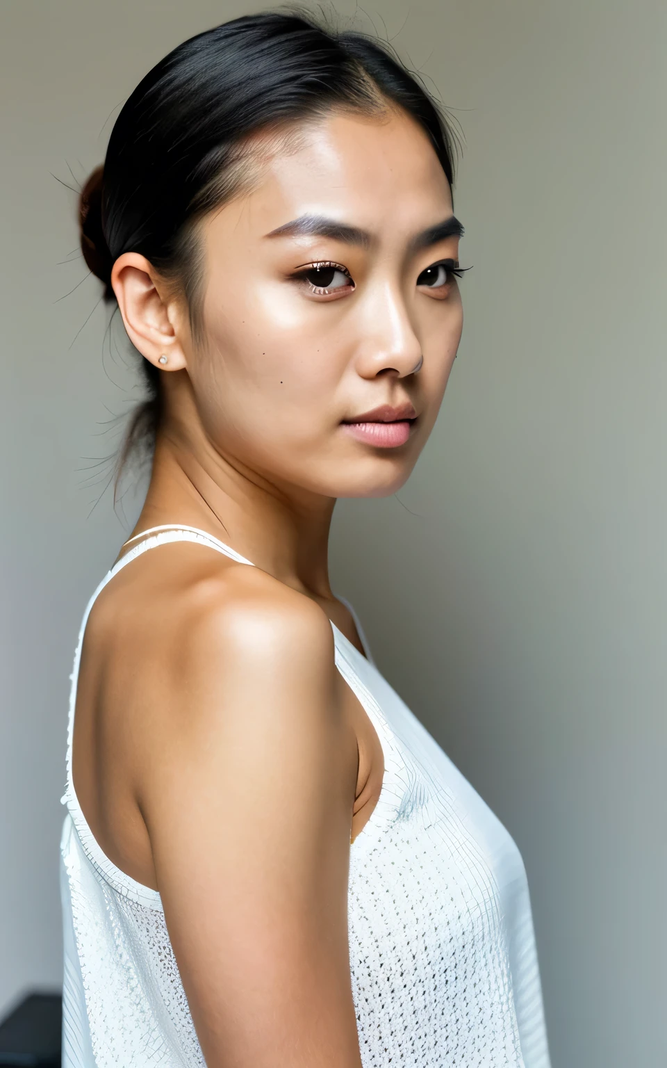 ultra-high-resolution 8K, best quality, (photo realistic:1.4) profile photo, BREAK (fashion model, asian, woman), athlete, 30years old, dark straight hair, slicked back hair, square face, black and small eyes, stern eyes, thick and straight eyebrows, snub nose, plump lips, fair skin with detailed and realistic skin texture, BREAK looking straight ahead, (side view), BREAK (muscular body), single eyelid, closed mouth, natural makeup, wearing white no-sleeve top, exuding the vibe of a fashion model with a neutral, serious expression, BREAK