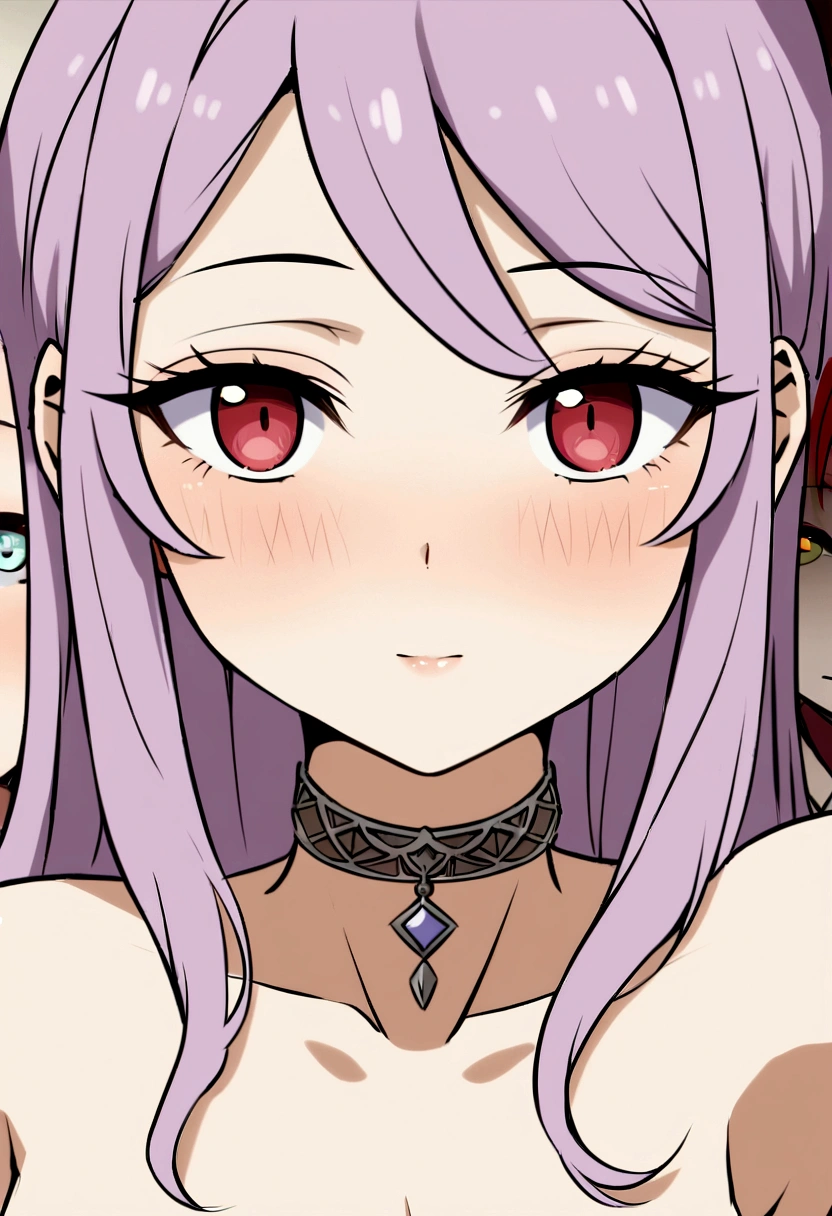 femme arafée avec un débardeur rouge et un collier dans un club, fille sexy aux yeux verts, Portrait de Sophie Mudd, cheveux bruns et grands yeux, selfie d'une jeune femme, yeux de la chambre, violette myers, sans maquillage, maquillage naturel, regarder directement la caméra, visage avec artgram, maquillage subtil, yeux verts perçants, NU