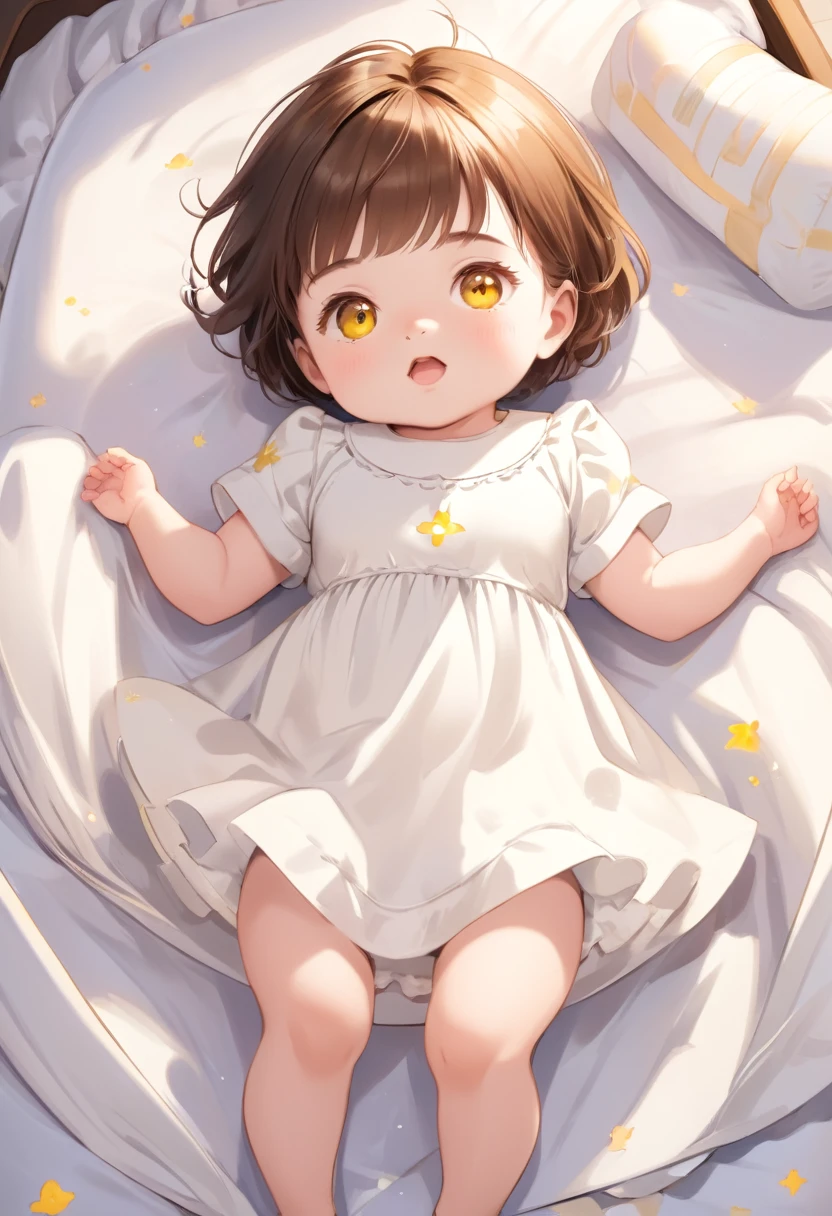 1 , alone, looking at the viewer, blushing, short hair, mouth, brown hair, white dress, yellow eyes, short sleeves, lying down, on her back,\(symbol\), crib dress,