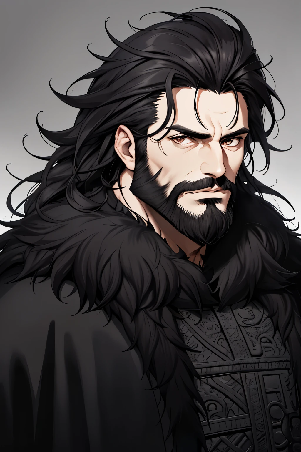 neocruz messy hair, black fur, wide, barba, The lord of shadows hyper realistic super detailed line art comic style