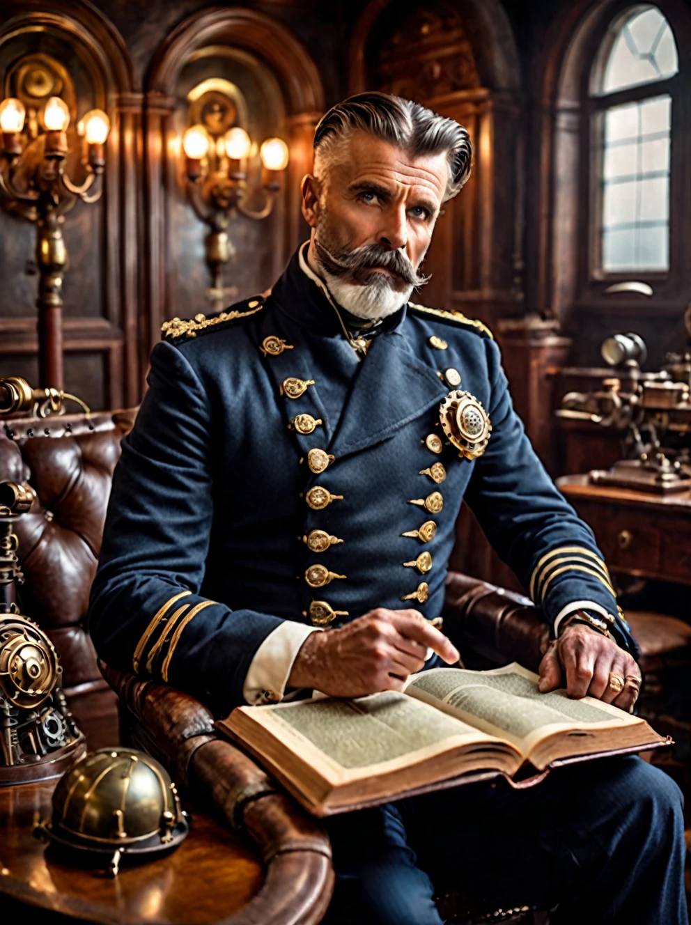 photo focus on male focus, indoors, realistic scenery, (captain nemo:1.1), reading a book , loaded military uniform, steampunk nautilus-style. very wide shot, character photo portrait, film, professional, highly detailed, 