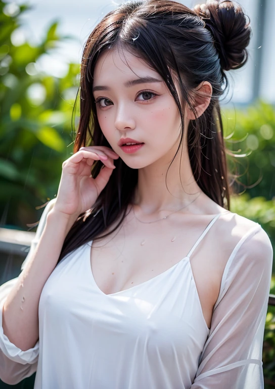 (((Upper body shot，Close-up photo)))、(((long hair，Bun hairstyle)))、(((Rainy Day，get wet)))、(((White summer chiffon shirt)))、18 years old、angry、girl、Plump 、Point on 、Showing 、Light eye makeup、Ultra-realistic faces、High resolution 16K、Skin texture must be natural、Use natural light and color、 High-quality photos taken by model agencies.