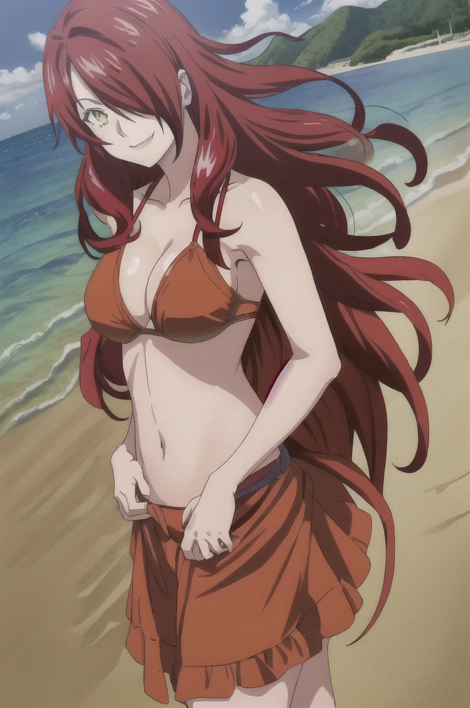 ((masterpiece,best quality)), anime style, Kobayashi_Rindou_Shokugeki, 1girl, solo, red hair, long hair, hair over one eye, yellow eyes, wearing red bikini, solo, smiling, looking at viewer, cowboy shot, beach background