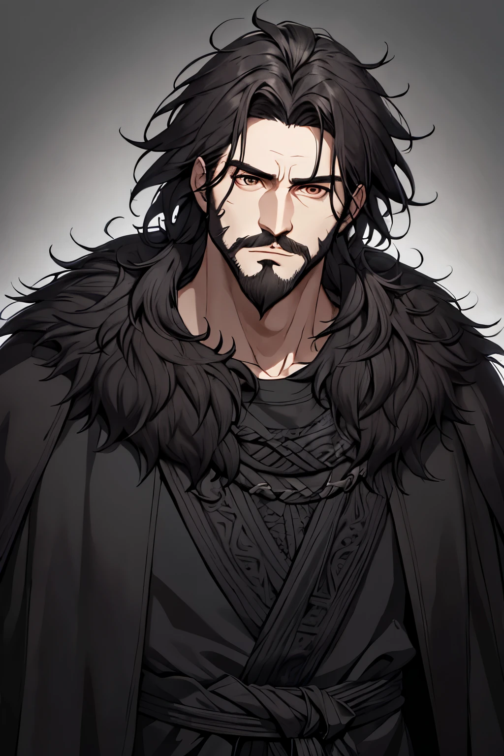 neocruz messy hair, black fur, wide, barba, The lord of shadows hyper realistic super detailed line art comic style