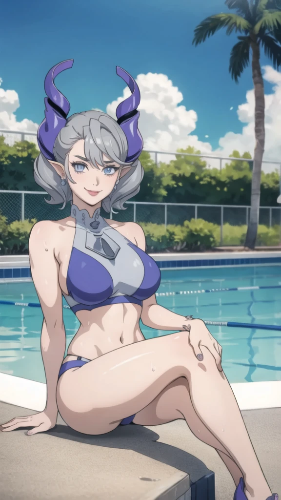 High level image quality best image quality 8K adult woman pool party rain palm trees more colors whole body view portrait bikini horn ears short hair((shortcut)(gray hair)(perm)(fluffy)) eye color is blue , , attractive evil face , smile , sexy pose , labrynth , barearm , wearing spandex , sitting on person by the pool , crossed legs , all wet , view foot arc