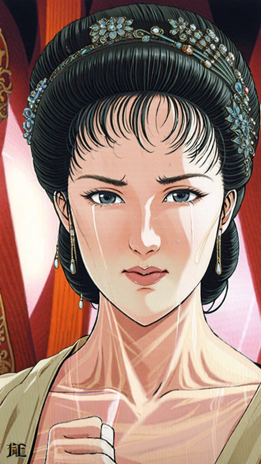 (best quality), (very aesthetic), (ultra-detailed), (best illustration),(a mature female),(perfect face),Suikoden,Mrs. Lin,(((NSFW))),((full_body)),((full_Nude)),(crying),red cheek,sweating,skinny,flushed skin,(hairly),(resting the back of her head on a pillow),(She is lying on her back completely naked),traditional Chinese bedroom,Legs spread,She spreads her pussy wide with her fingers