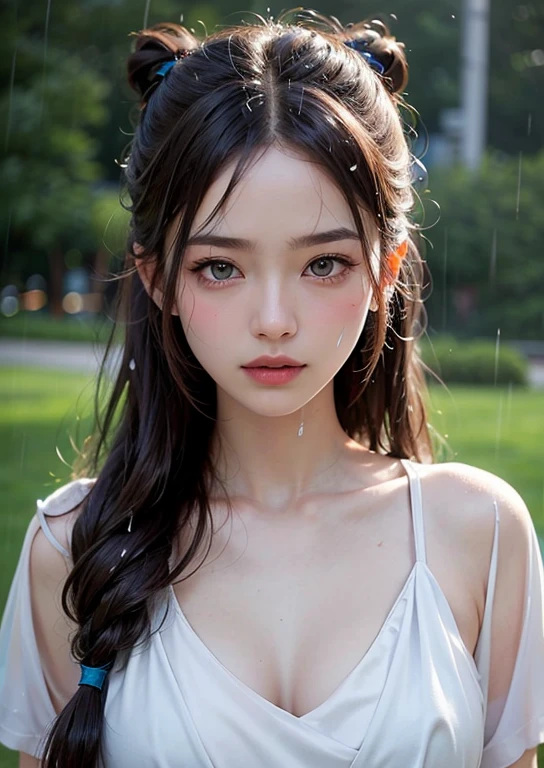 (((Upper body shot，Close-up photo)))、(((long hair，Bun hairstyle)))、(((Rainy Day，get wet)))、(((White summer chiffon shirt)))、18 years old、angry、girl、Plump breasts、The protruding point on the chest reveals the breasts、Light eye makeup、Ultra-realistic faces、High resolution 16K、Skin texture must be natural、Use natural light and color、 High-quality photos taken by model agencies.