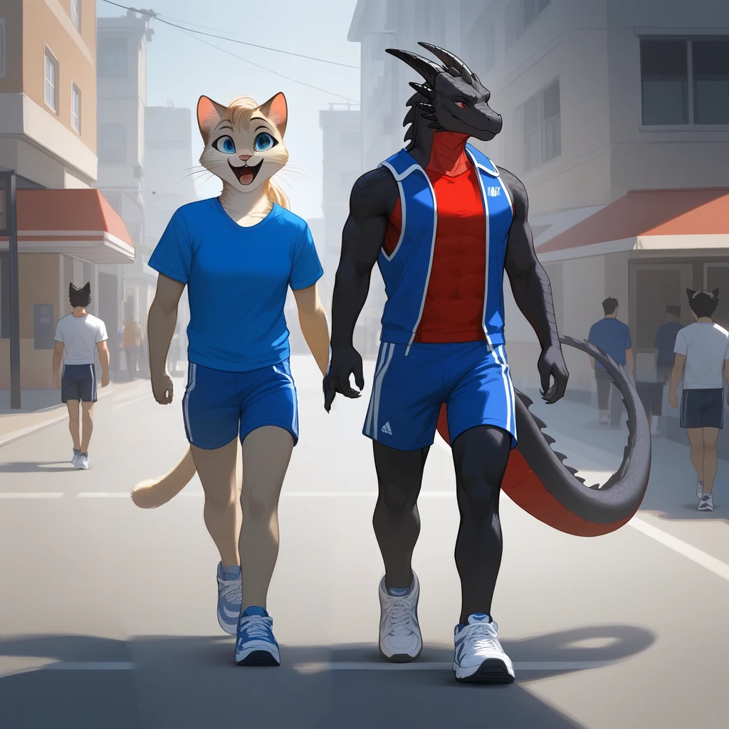 score_9, score_8_up, score_7_up (anthro furry feline, Kat, silver furry body, blonde hair, hair in ponytail blue eyes, long blonde hair, wearing blue bandeau, brown short shorts, white sneakers), happy, laughing, walking, outdoors