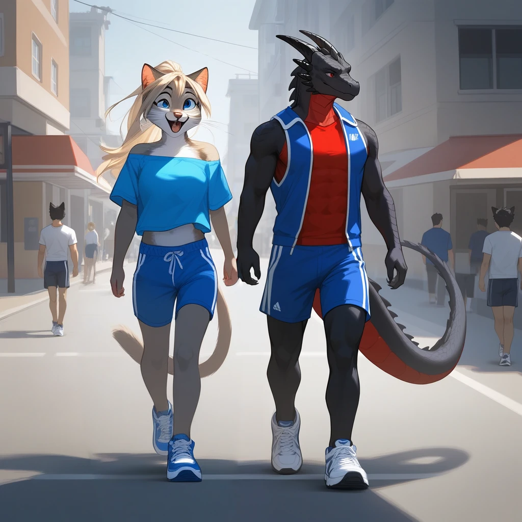 score_9, score_8_up, score_7_up (anthro furry feline, Kat, silver furry body, blonde hair, hair in ponytail blue eyes, long blonde hair, wearing blue bandeau, brown short shorts, white sneakers), happy, laughing, walking, outdoors