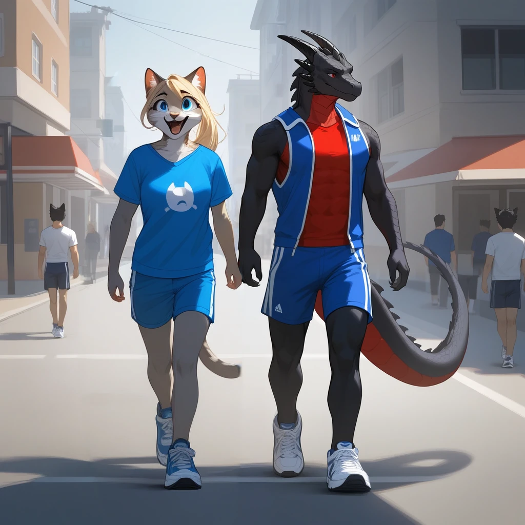 score_9, score_8_up, score_7_up (anthro furry feline, Kat, silver furry body, blonde hair, hair in ponytail blue eyes, long blonde hair, wearing blue bandeau, brown short shorts, white sneakers), happy, laughing, walking, outdoors