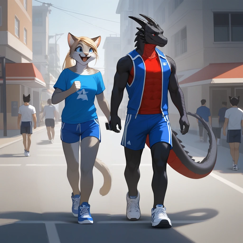 score_9, score_8_up, score_7_up (anthro furry feline, Kat, silver furry body, blonde hair, hair in ponytail blue eyes, long blonde hair, wearing blue bandeau, brown short shorts, white sneakers), happy, laughing, walking, outdoors