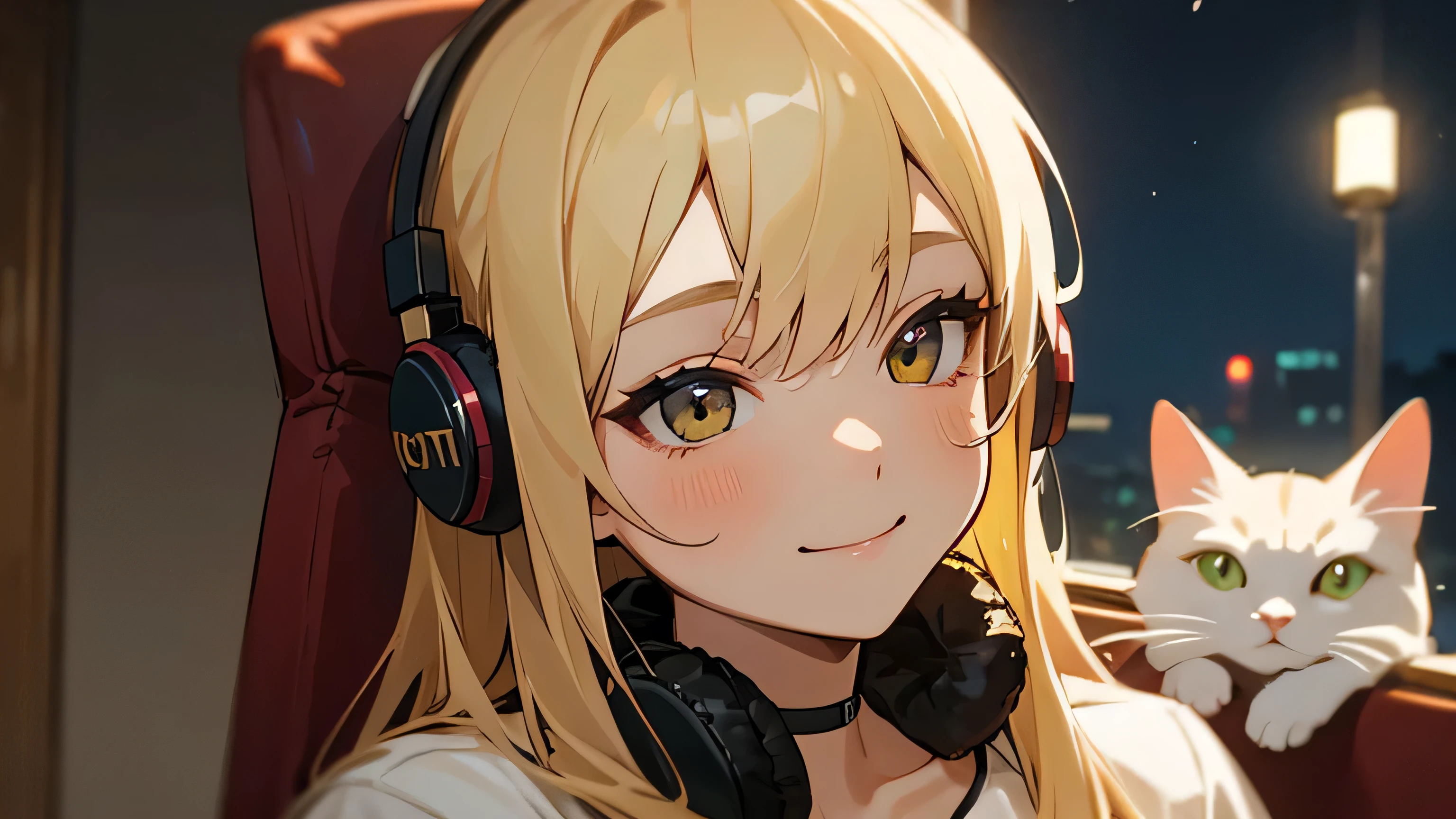 Room with speakers、Cat with headphones、Face close-up、night、Blonde、smile、Sitting in a chair