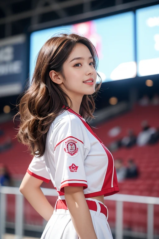 highest quality、4K、Perfect Face、Perfect Style、perfect body、Sunburn、beautiful lady、mature、long layer brown hair、Swept-back hair、full body, sexy 、charming、healthy、of the highest quality、8K、realistic photo, highest quality、4K、Perfect Face、Perfect Style、perfect body、Sunburn、beautiful lady、mature、long curly layer brown hair、Swept-back hair、sexy 、charming、healthy、smile、
(top-quality,8K picture quality,masterpiece:1.3,),(超A high resolution:1.3,Photorealsitic:1.4,Raw photography:1.2),(ultra-detailliert:1.2,shinny skin,Detailed skin:1.1),(Detailed face,Perfect Anatomy,Caustics:1.2),(Girls cheering at the stadium:1.2),(Stand seats:1.1),(Sideways face:1.2),(Shot from the side:1.2),(Facing over there:1.2),composition from the waist up,Pretty eyes,huge smile,large boob,Oversized Baseball Uniform Shirt,White skirt,Professional Lighting,natural soft light,