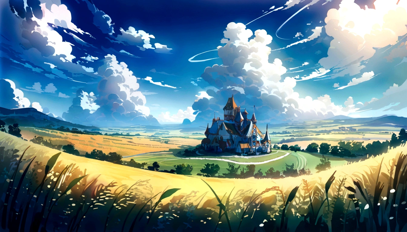 pure scenery,yellow d'gold as theme,(((frais))),((hayao miyazaki paint style)),((beautiful scenery:1.2)),head of'artwork,Details,Beautiful lights,4K,la plus haute qualité,(clair et lumineux),grande production,flowers,En plein air,nature,leaf,plan large,scenery,surtr (chevaliers),((paint:1.3)),naturel,nuvens,sky,wheat field,summer,champs en terrasses,colored,harmonious tone, sources d'equ
