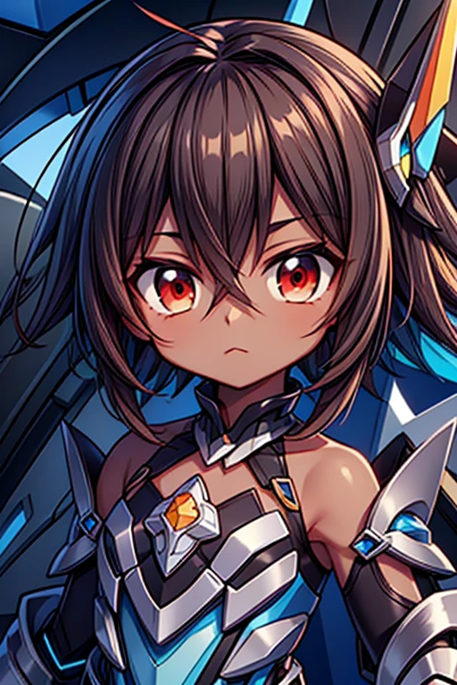 (((dark skin tone))),dark skin male, femboy, dark skin, cute shota,red eyes, ((blue mecha hairpin)), dark brown hair medium hair,wearing a black exoskeleton, blue gauntlet's, honkai impact herrscher of reason, full armour mecha_musame, orange gem on chest, close up