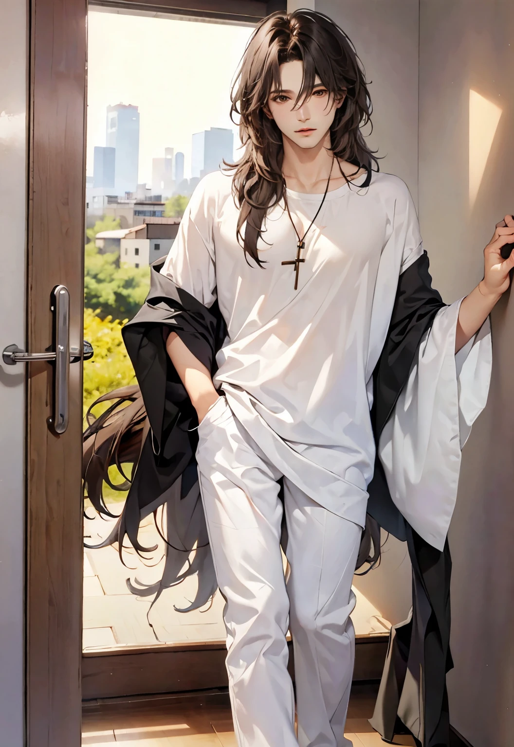 (8k, RAW Photos, The best quality, Masterpiece:1.2), (being realistic, realistic photography:1.4), lightning, A high resolution,hexagons,(1 neocruz boys), black fur,long hair, messy hair, Brown eyes, opulent, soft skin, (oval shaped face:1.1)goatee, lightning profesional, Photon mapping, city radio, physically based rendering, elegant, sexy masculinity,Carry white tangusculature.,full body naked,massive lump,