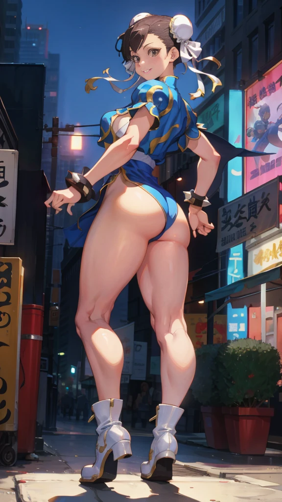 Street fighter chun li smiling, showing ass, half naked.(((half naked))) city background, full body, white boots.