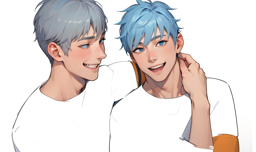There are two cute Korean brothers, 16 years old, blue eyes, gray hair, smiling, talking.