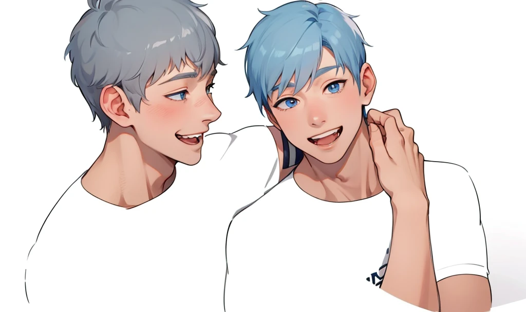 There are two cute Korean brothers, 16 years old, blue eyes, gray hair, smiling, talking.