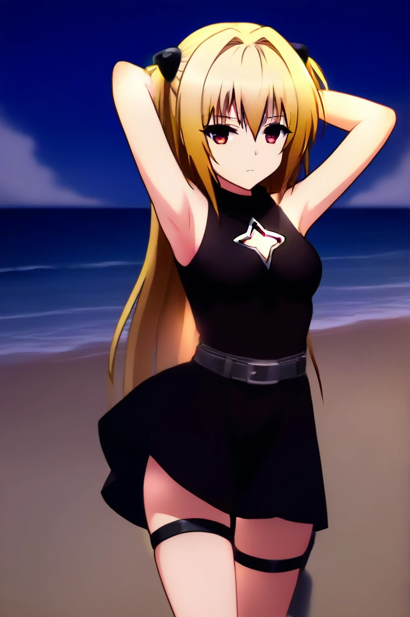 Konjiki no Yami, high quality, solo, 1girl, night sky, beach, arms behind head, (contrapposto), closed mouth, spread armpits, (cowboy shot:1.5), looking at viewer, expressionless, best quality, bare shoulders, black dress, clothing cutout, sleeveless, belt, thigh strap,