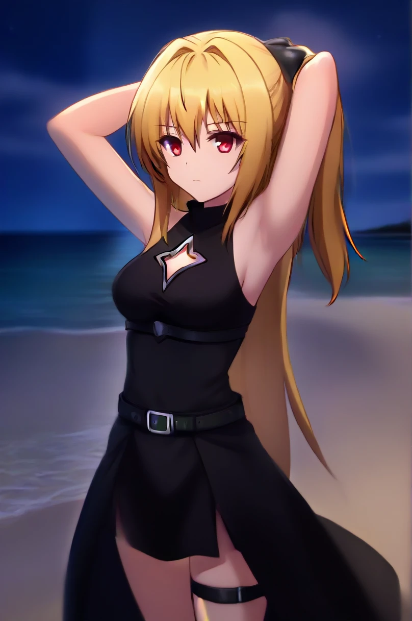 Konjiki no Yami, high quality, solo, 1girl, night sky, beach, arms behind head, (contrapposto), closed mouth, spread armpits, (cowboy shot:1.5), looking at viewer, expressionless, best quality, bare shoulders, black dress, clothing cutout, sleeveless, belt, thigh strap,