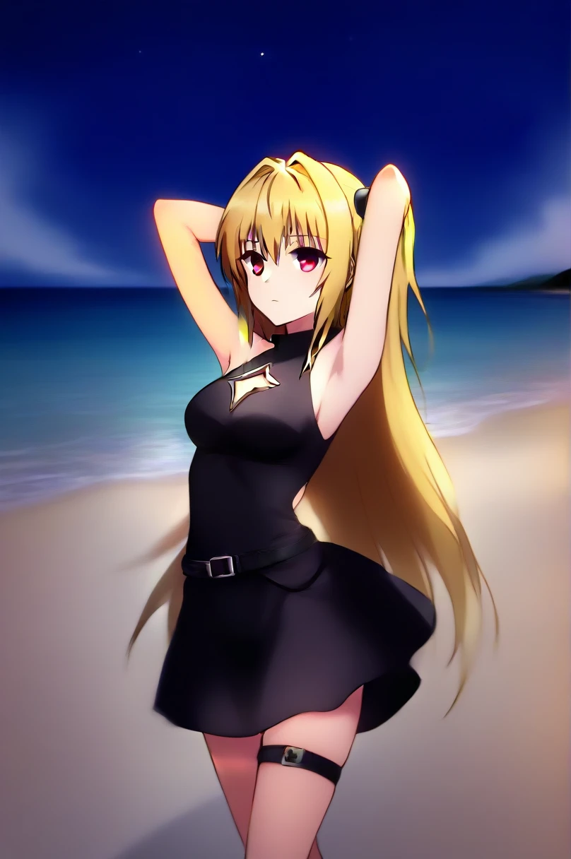 Konjiki no Yami, high quality, solo, 1girl, night sky, beach, arms behind head, (contrapposto), closed mouth, spread armpits, (cowboy shot:1.5), looking at viewer, expressionless, best quality, bare shoulders, black dress, clothing cutout, sleeveless, belt, thigh strap,