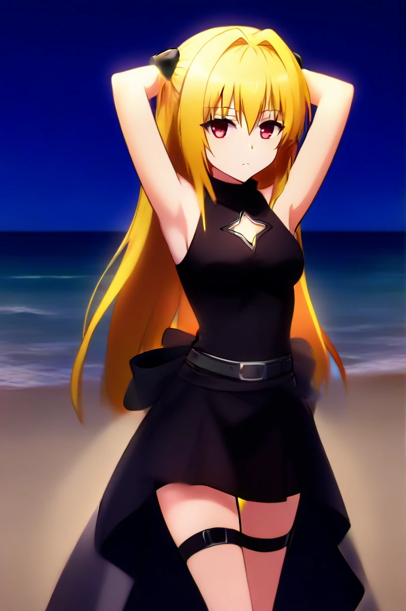 Konjiki no Yami, high quality, solo, 1girl, night sky, beach, arms behind head, (contrapposto), closed mouth, spread armpits, (cowboy shot:1.5), looking at viewer, expressionless, best quality, bare shoulders, black dress, clothing cutout, sleeveless, belt, thigh strap,