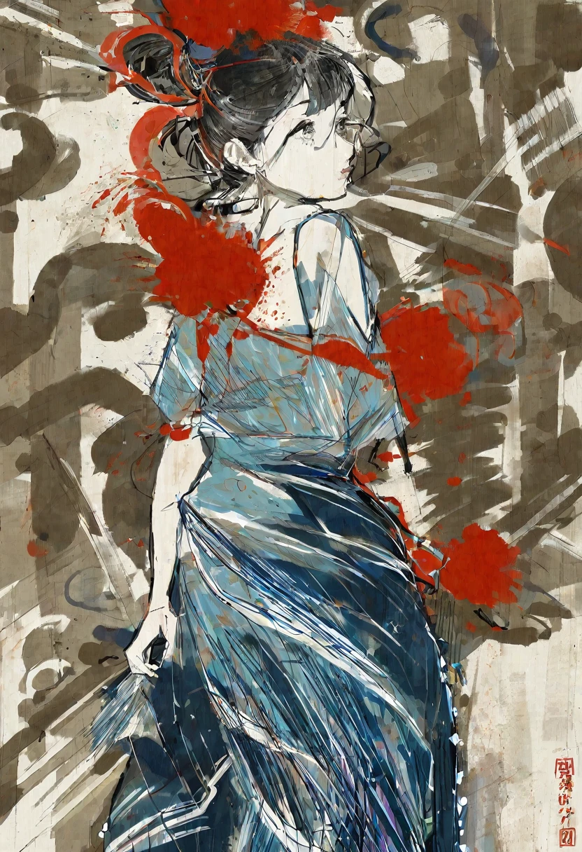 a woman in a long dress Peter Draws, oil tint, comic style, Dong Son drum patterns background, black and white contrast. Perfect Anatomia, centred, dynamic, highy detailed, water color painting, artist station, conceptual artwork, soft, sharp focus, illustration, arte de Carne Griffiths e Wadim Kashin, Accent in Indigo and Blood Red Pretp ,style of Hokusai