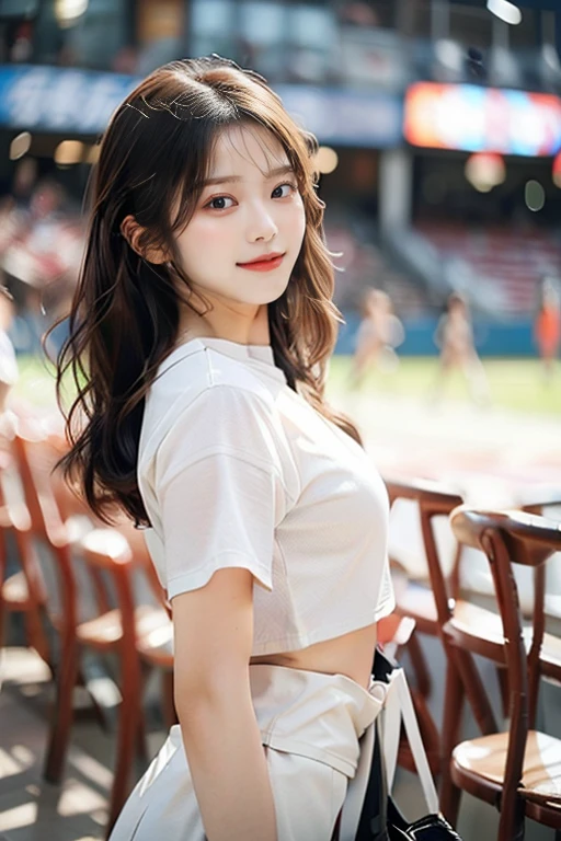 highest quality、4K、Perfect Face、Perfect Style、perfect body、Sunburn、beautiful lady、mature、long layer brown hair、Swept-back hair、full body, sexy 、charming、healthy、of the highest quality、8K、realistic photo, highest quality、4K、Perfect Face、Perfect Style、perfect body、Sunburn、beautiful lady、mature、long curly layer brown hair、Swept-back hair、sexy 、charming、healthy、smile、
(top-quality,8K picture quality,​masterpiece:1.3,),(超A high resolution:1.3,Photorealsitic:1.4,Raw photography:1.2),(ultra-detailliert:1.2,shinny skin,Detailed skin:1.1),(Detailed face,Perfect ,Caustics:1.2),(Girls cheering at the stadium:1.2),(Stand seats:1.1),(Sideways face:1.2),(Shot from the side:1.2),(Facing over there:1.2),composition from the waist up,Pretty eyes,natural make up,huge smile,large boob,Oversized Baseball Uniform Shirt,White skirt,Professional Lighting,natural soft light,