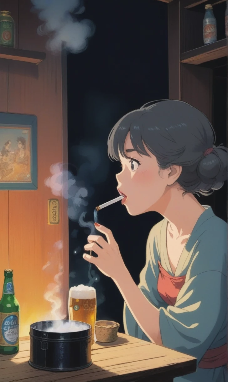 Ghibli-style painting、summer night、Smoke coming out of Katori incense sticks、A woman with a cigarette in her mouth opens a can of beer in a room