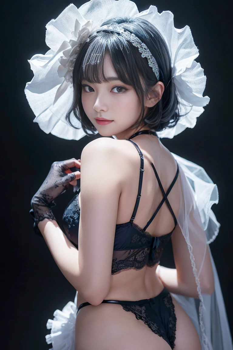 Highest quality, Super detailed, High resolution, 8K images), Very sophisticated and beautiful， ， High resolution， Round eyes， Detailed  features， （Round pupils：1.6） （Awareness-raising）， （Beautiful and delicate eyes）， （Very very very detailed face））， Depth of written boundary， （Attractive face）， （Wicked Smile：1.3）Flower head ornament,、Exquisitely drawn beautiful faces, eyes and skin、Detailed black shiny hair frill tie、Ribbon tie、、Short Curly Hair，Bob cuts his hair((grayish-blue hair，head bands，head band)) 、（Purple 、Purple openwork 、Sheer embroidered tulle  set）Lace pantyhose、Lace gloves、Wedding Scarf、Pearl Necklace,、Soft fabric、beautiful rose pattern dress((Show me your)), ((Stick your  out)),(Squat with ), Fine and beautiful eyes,Perfect Proportions,(Overflowing big),(A full-body shot ), Very beautiful and cute girl,22 years old,(anime),Kamimei, Pitch black background,(Solid black background),alone
