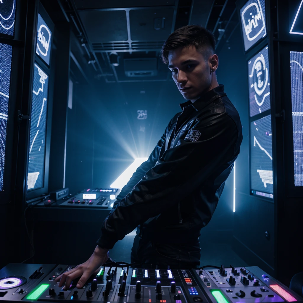 25 year old male DJ, putting sound at a rave, futuristic atmosphere.