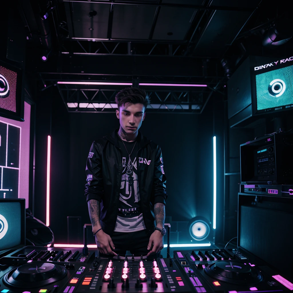 25 year old male DJ, putting sound at a rave, futuristic atmosphere.
