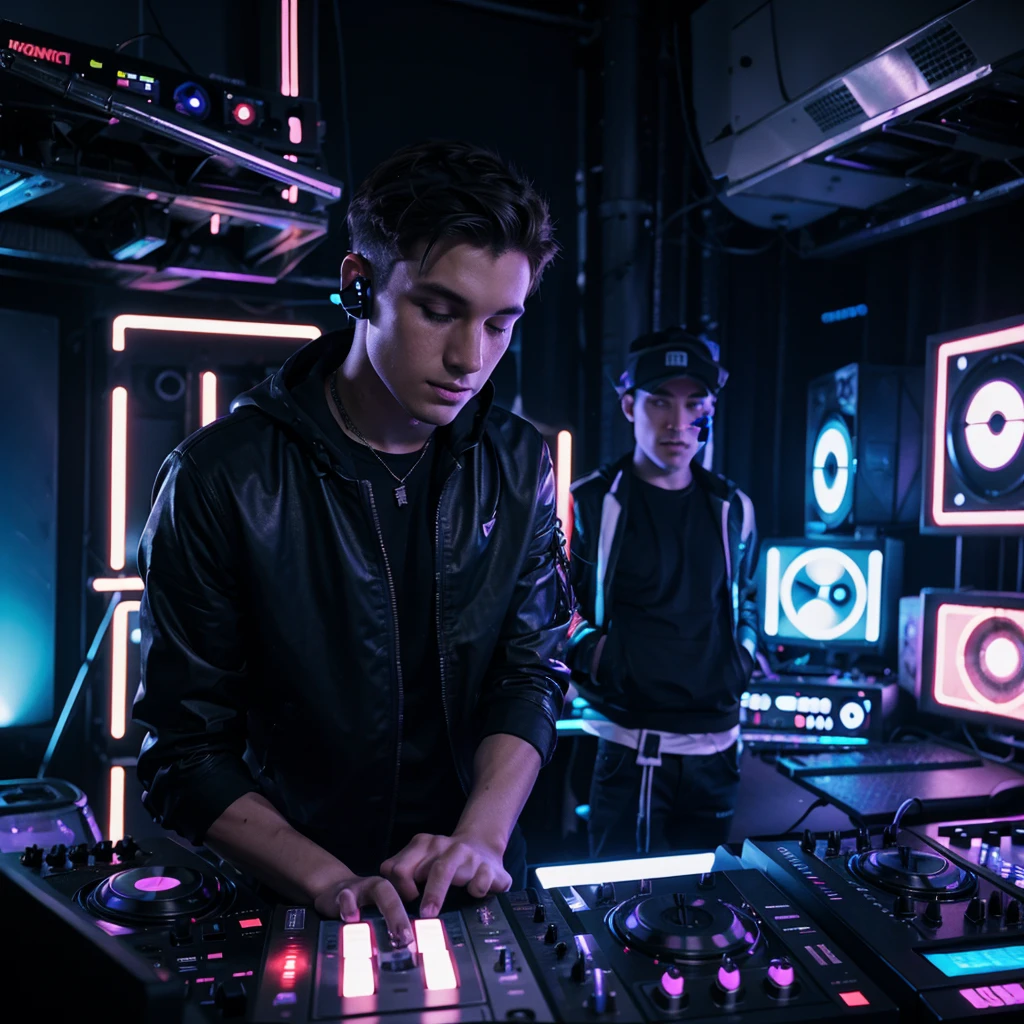 25 year old male DJ, putting sound at a rave, futuristic atmosphere.